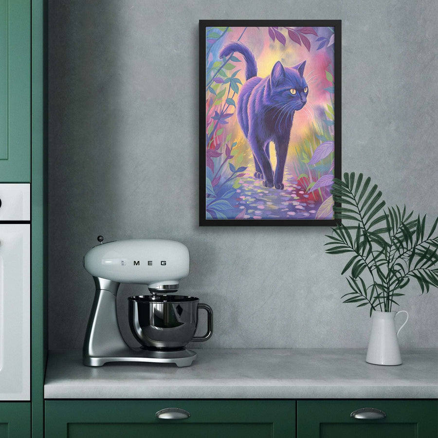 Modern kitchen, featuring a vibrant Framed Cat Art Print on the wall.