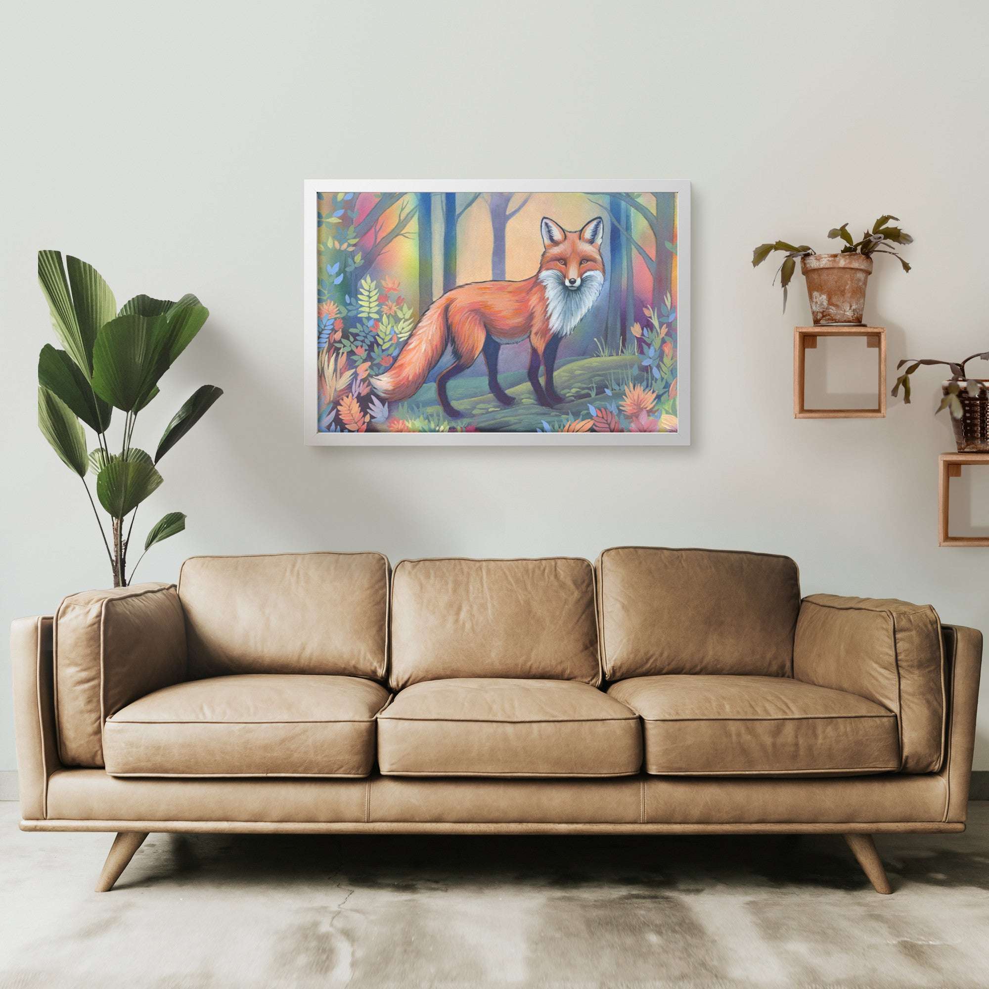 A modern living room with a beige sofa and a Framed Fox Art Print hung above it, depicting a colorful fox in a forest.