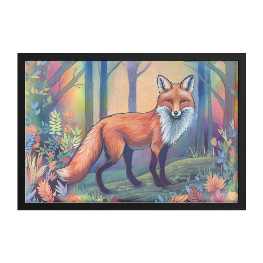 Framed Fox Art Print featuring a vibrant painting of a fox standing in a colorful forest, surrounded by intricate foliage and trees, enclosed in a black frame.