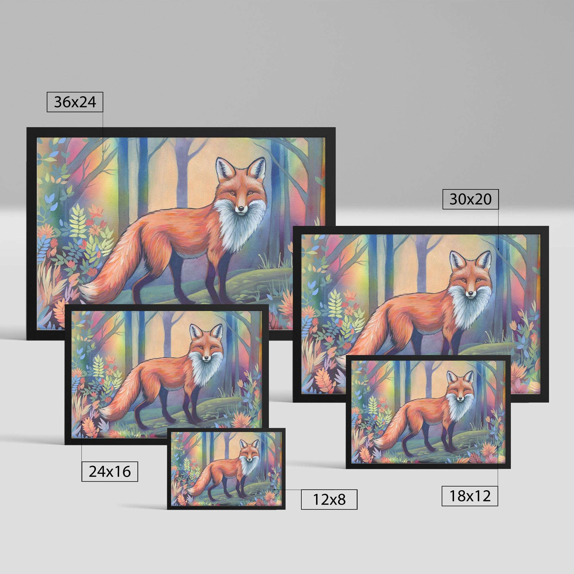 Various sizes of a Framed Fox Art Print depicting a fox in a colorful forest, displayed for comparison, labeled with their dimensions.
