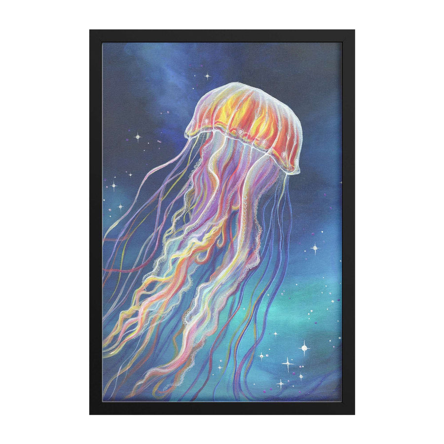 A framed Jellyfish Print of an ethereal jellyfish with flowing tentacles against a starry, deep blue and green watercolor background.