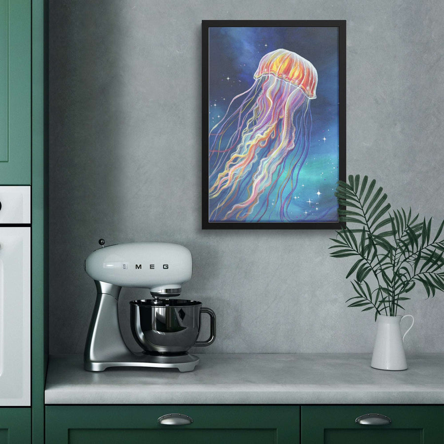 A modern kitchen, featuring a painting of a colorful Jellyfish framed on the wall.