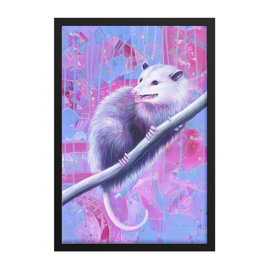 Framed Opossum Art Print of a white opossum gripping a diagonal branch, set against a vibrant pink and blue geometric background.