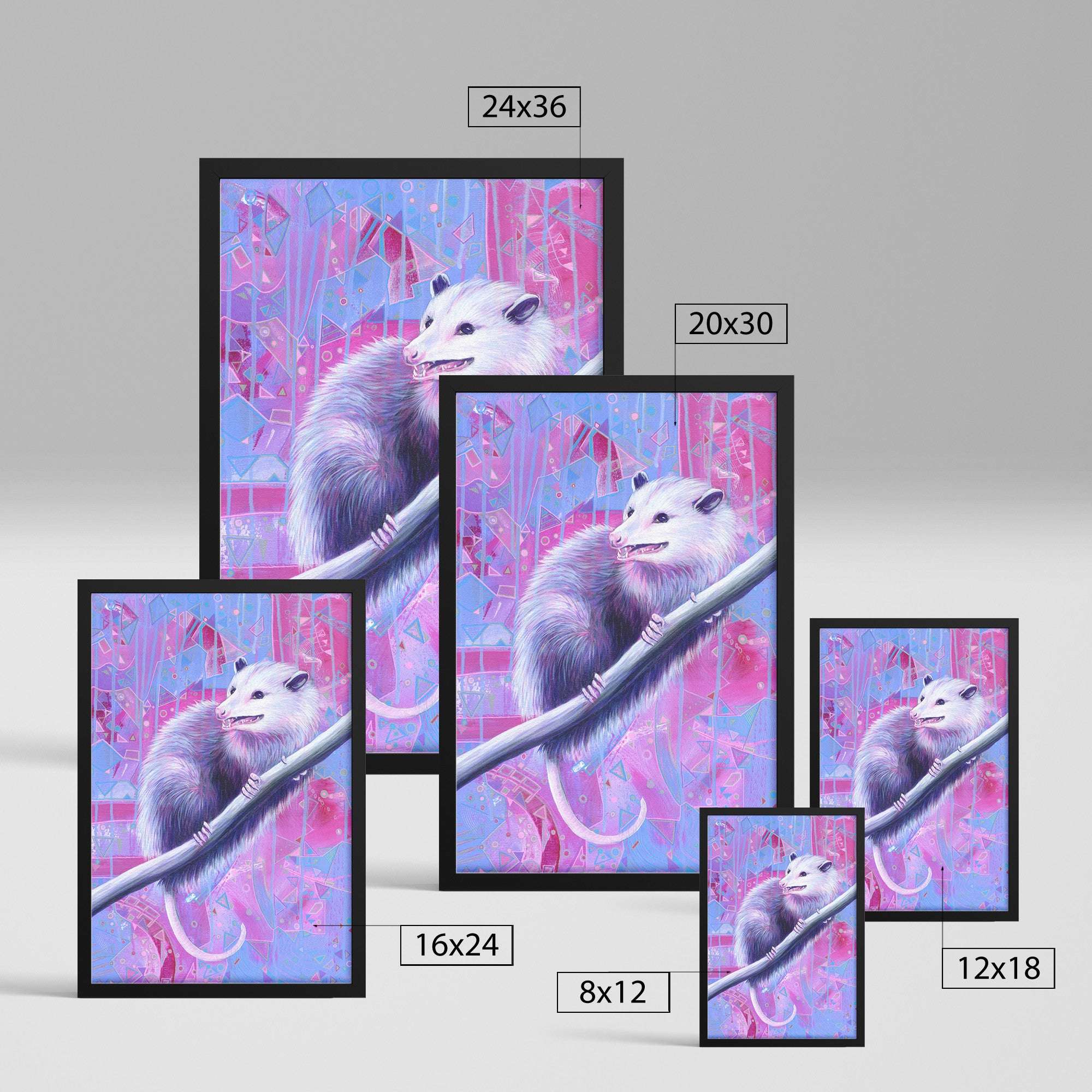 Collection of colorful artwork prints featuring a Framed Opossum Art Print on a branch, displayed in various sizes from 8x12 to 24x36 inches.