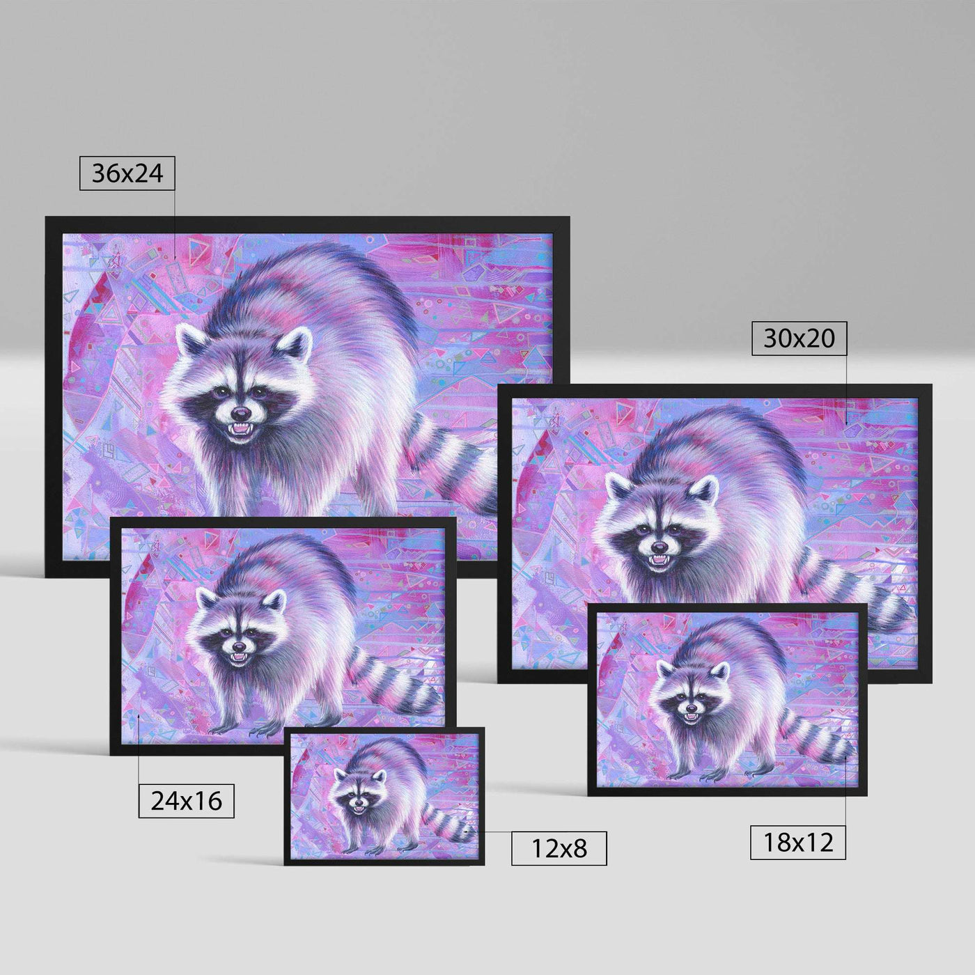 Various sizes of Framed Raccoon Art Prints featuring a purple-themed raccoon, showcasing the different sizes the art print comes in.