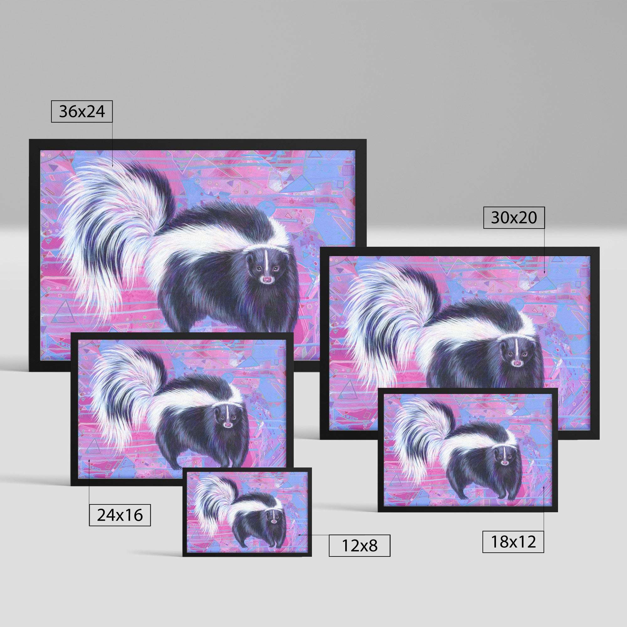 Five Framed Skunk Art Prints depicting a skunk on a pink and blue background, shown in various sizes.