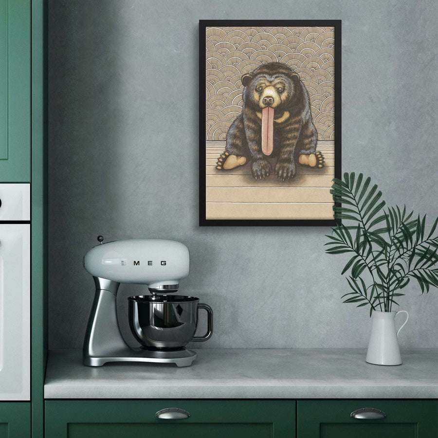 A modern kitchen featuring a Framed Sun Bear Art Print hanging on the wall above the counter