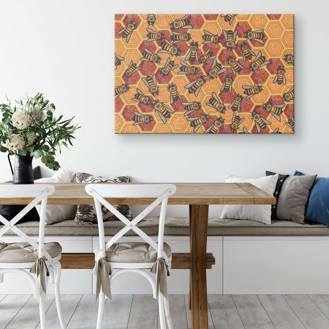 A modern dining area with the Honeycomb Harmony Canvas Print on the wall.