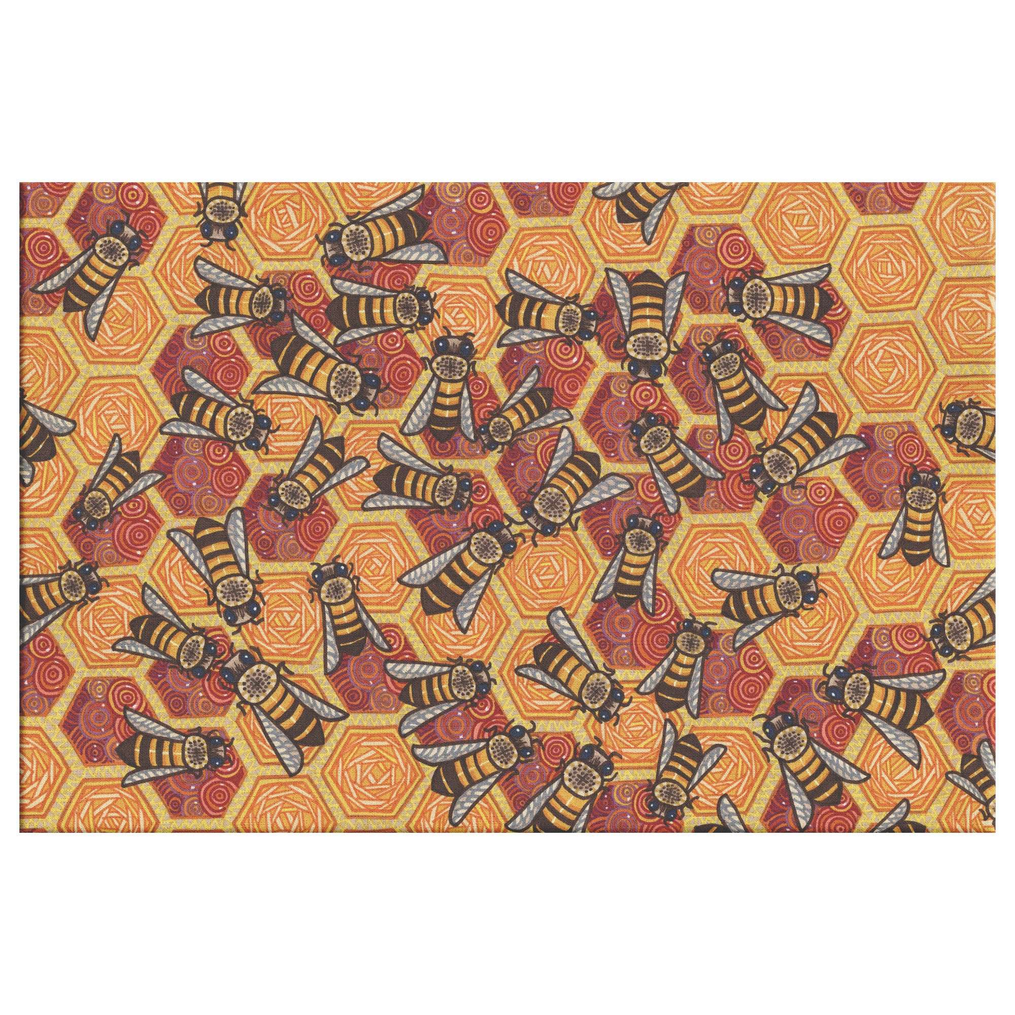 Honeycomb Harmony Canvas Print featuring a dense arrangement of bees and hexagonal designs in shades of orange, yellow, and brown.