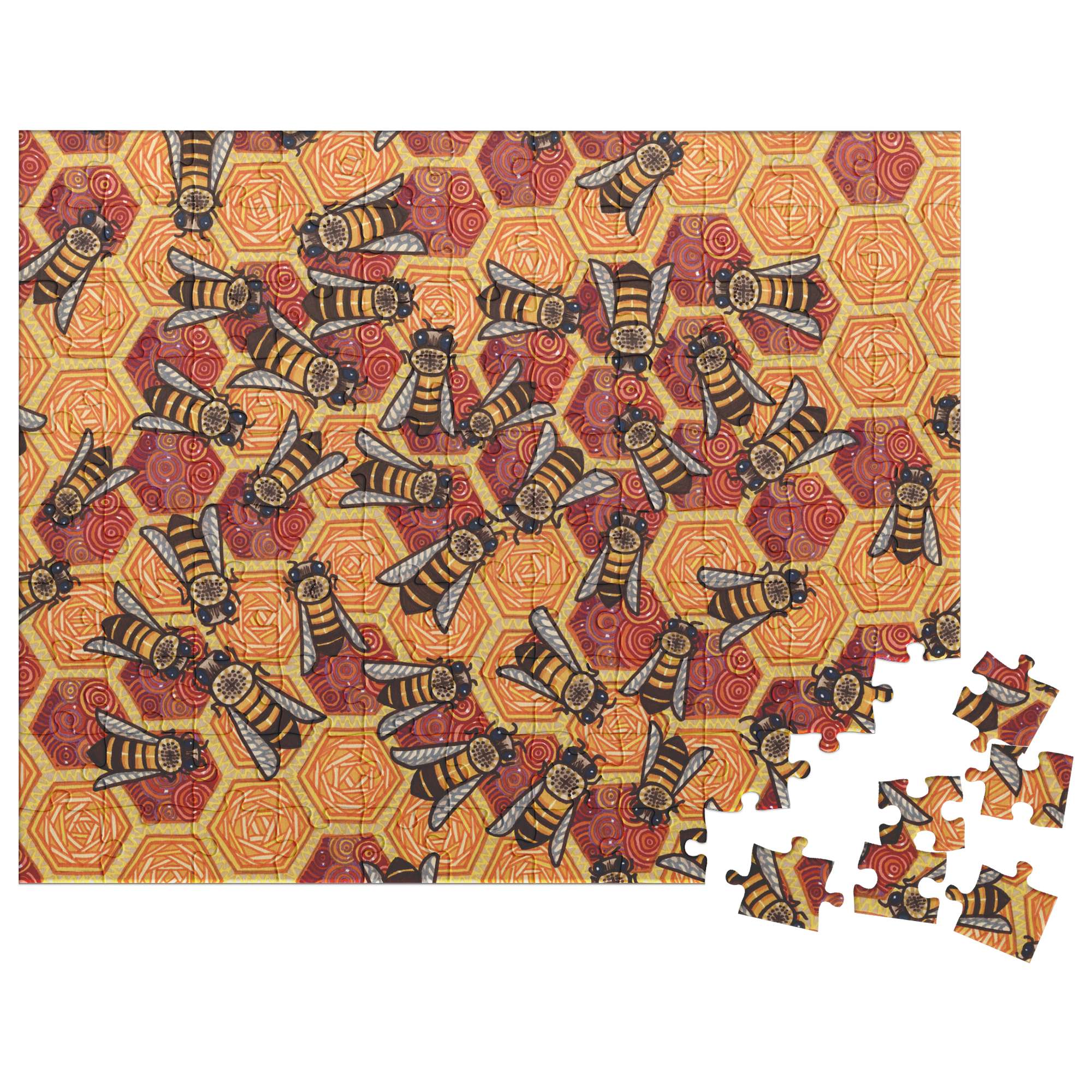 A Honeycomb Harmony Puzzle featuring a pattern of ornate bees on a detailed, geometric background, with one piece detached on the side.