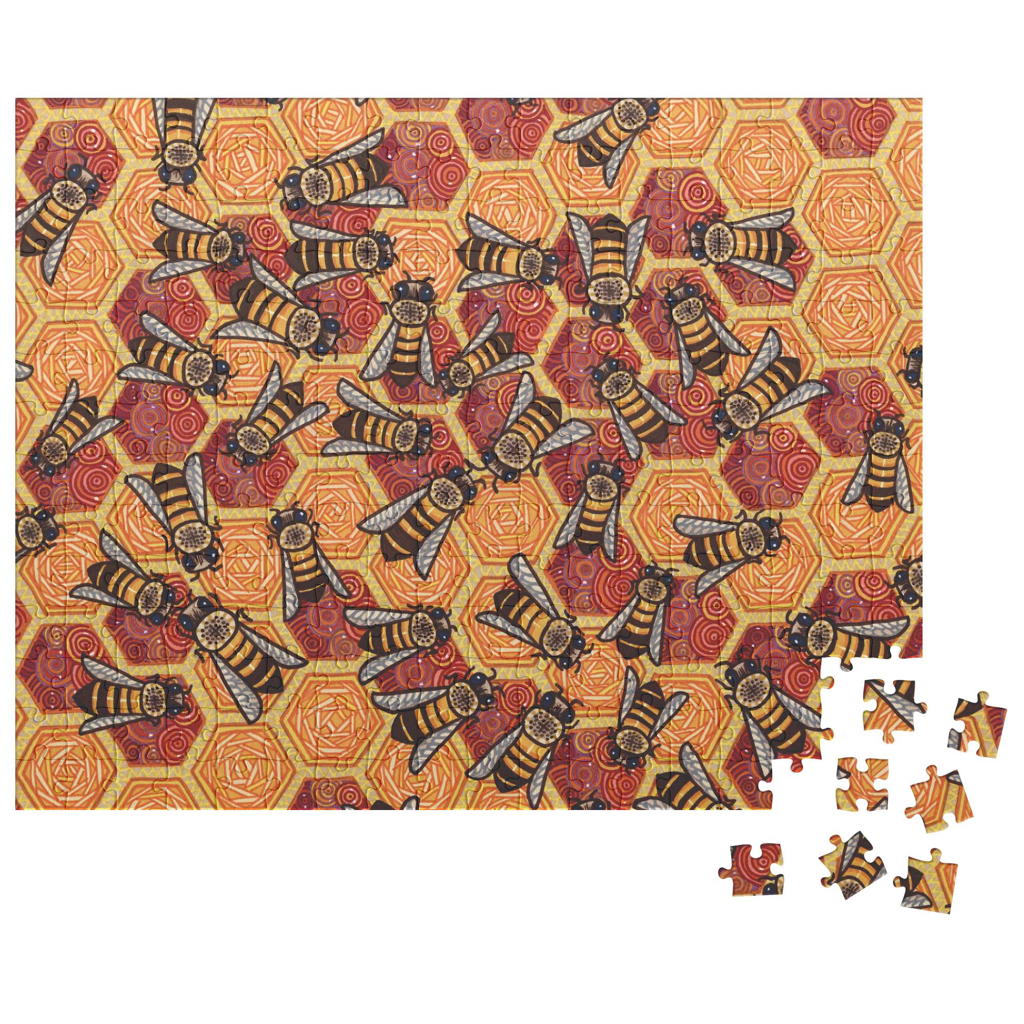 A Honeycomb Harmony Puzzle featuring a pattern of bees on a textured, orange, and yellow background, with one piece detached to the side.