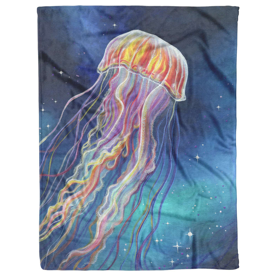 Illustration of a vibrant Jellyfish Blanket with long, flowing tentacles against a cosmic-like background with stars.