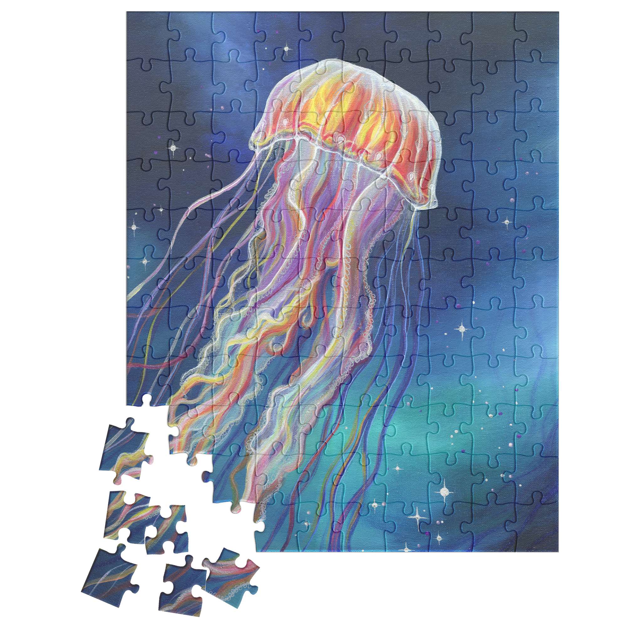 Jellyfish Puzzle with a few loose pieces, depicting a colorful jellyfish against a starry night sky background.