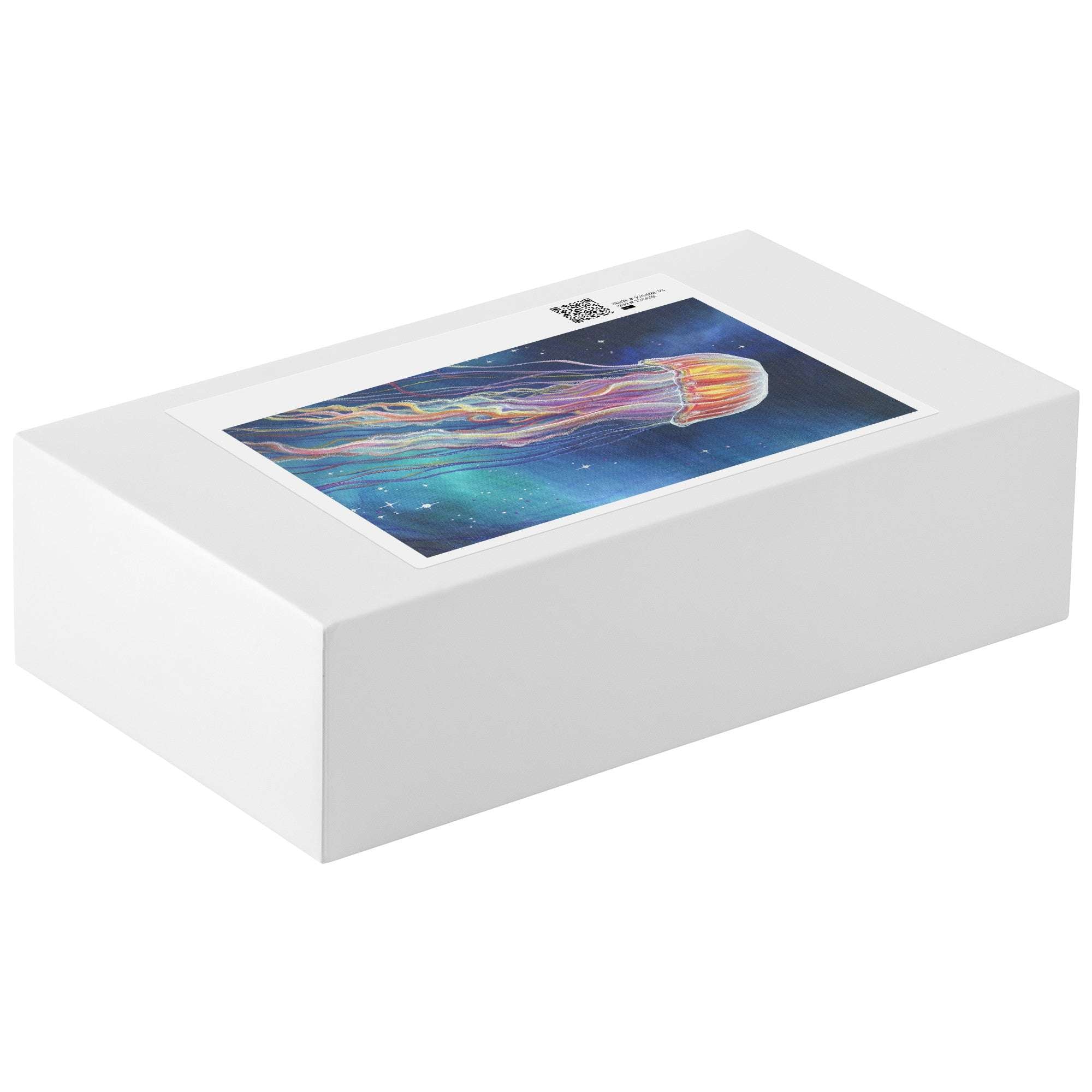 A white rectangular puzzle box displaying a colorful image of a Jellyfish Puzzle under the sea on the lid