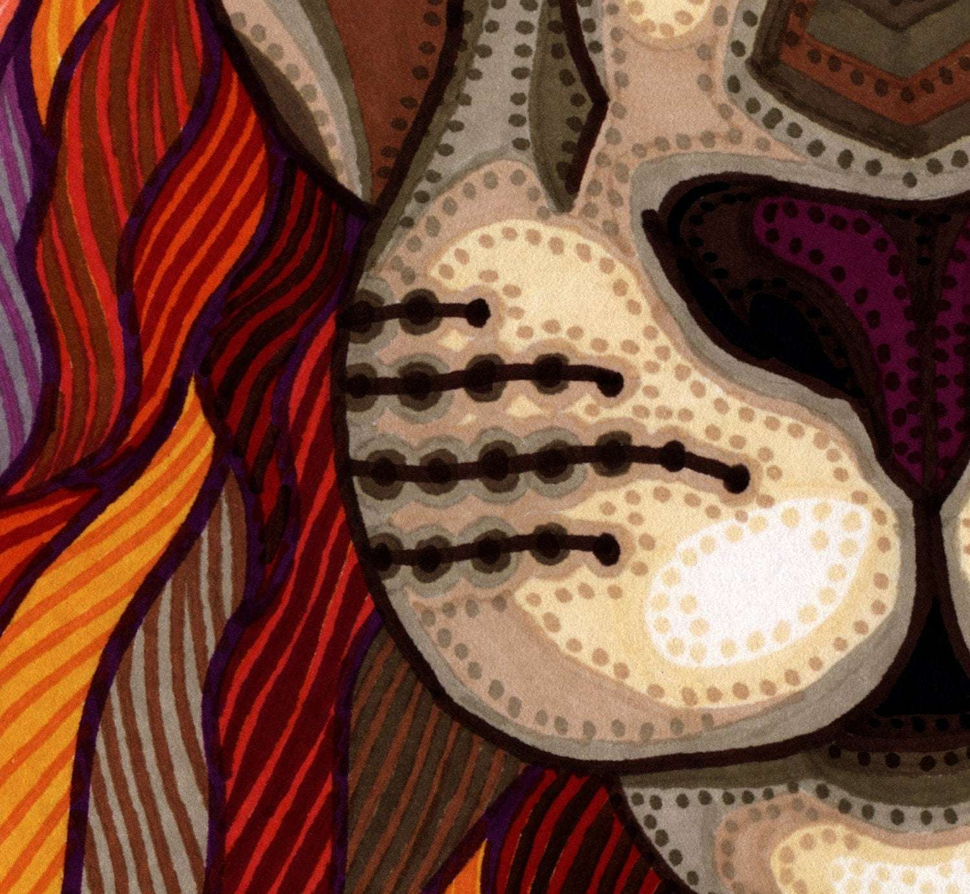 Close-up detail of patterned lion face marker illustration.