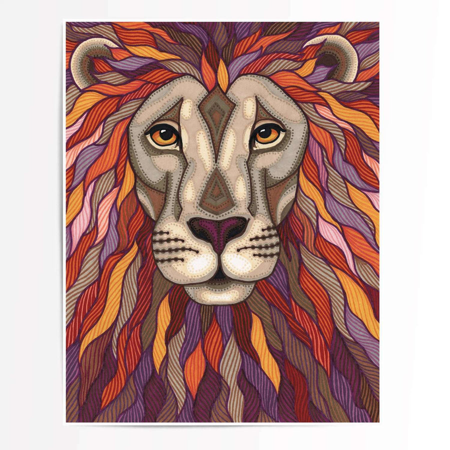 Colorful lion portrait art print with intricate patterns.