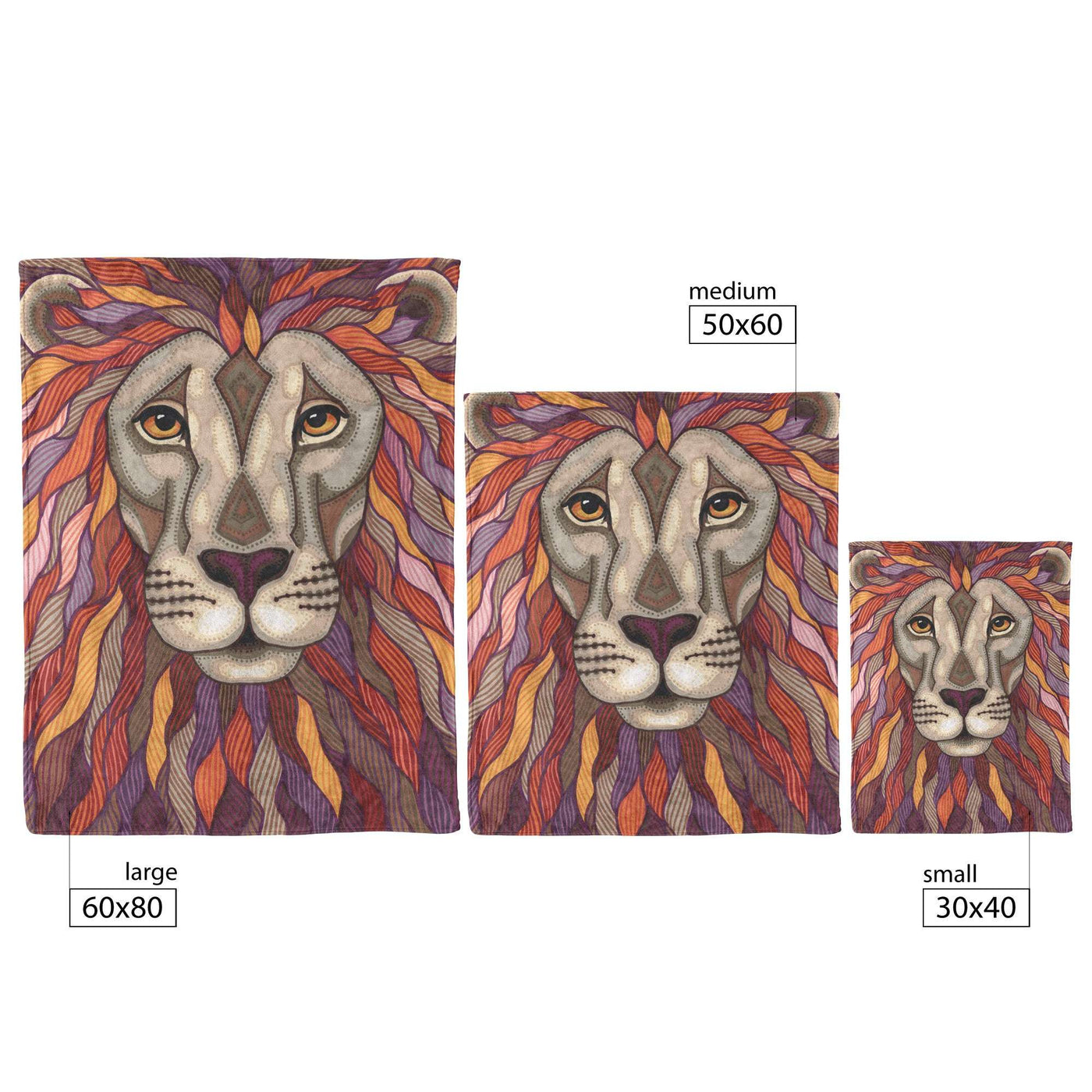 Three decorative Lion Pride Blankets featuring a lion's face with colorful, stylized mane, displayed in three sizes: large, medium, and small.