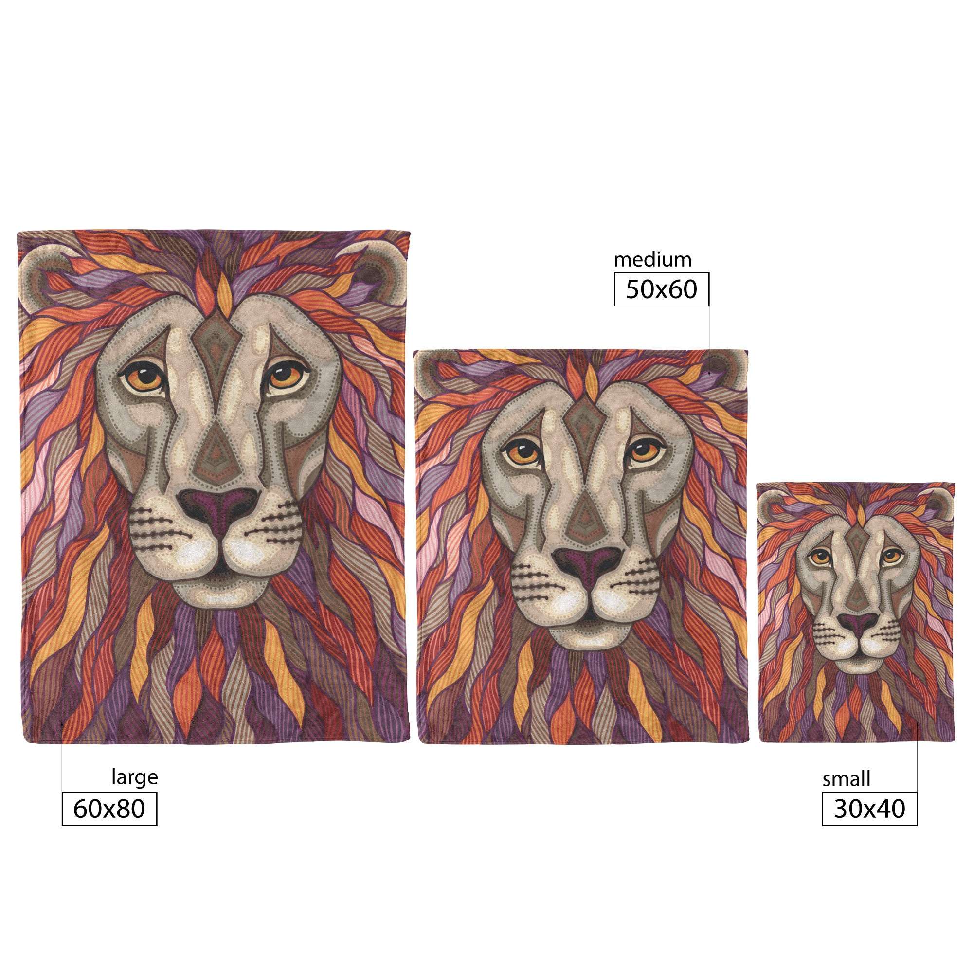 Three decorative Lion Pride Blankets featuring a lion's face with colorful, stylized mane, displayed in three sizes: large, medium, and small.