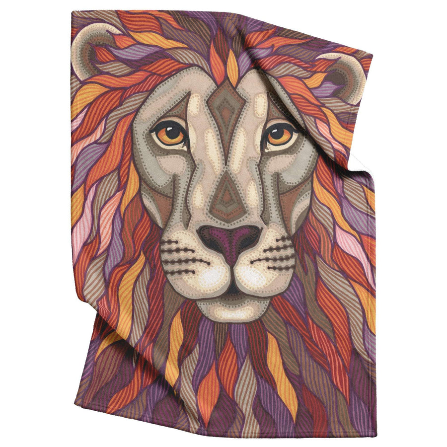 Lion Pride Blanket featuring a lion's face with intricate, colorful patterns on a textured background, blending modern art with natural imagery.