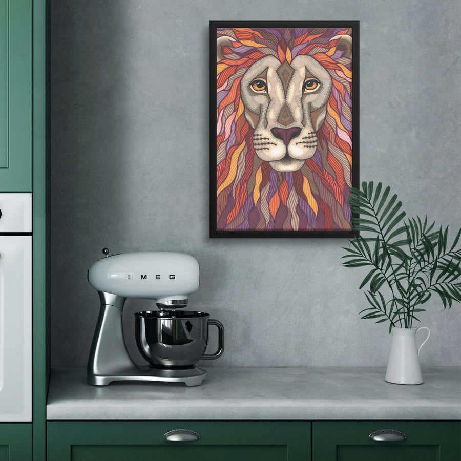 A modern kitchen featuring a colorful, artistic Lion Pride Framed Print hanging on a gray wall above.