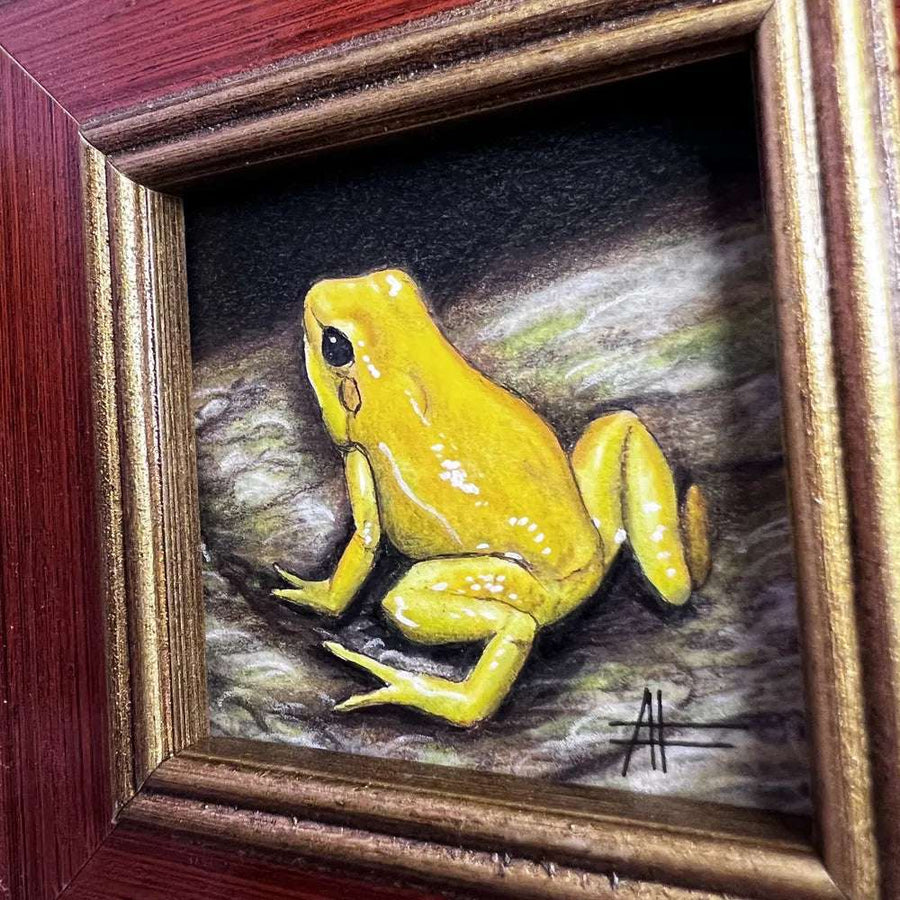 Angled close-up of a miniature yellow frog painting in a vintage golden frame.