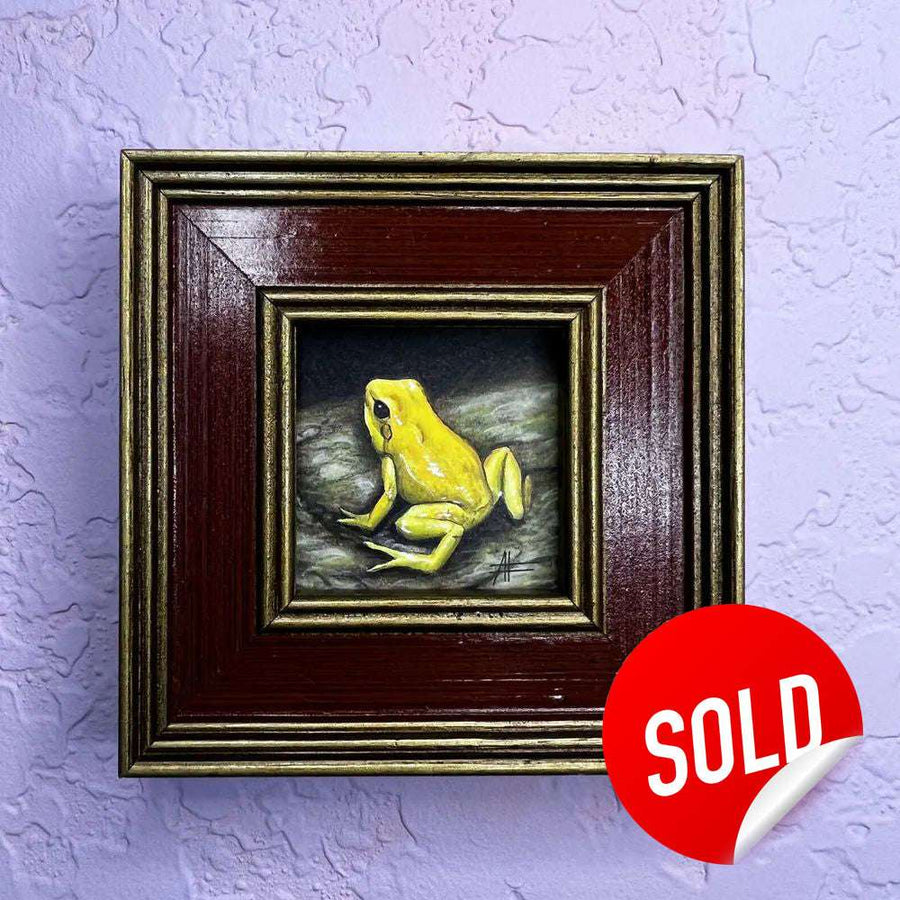Golden-framed watercolor of a vibrant yellow frog with "SOLD" sticker on textured wall.