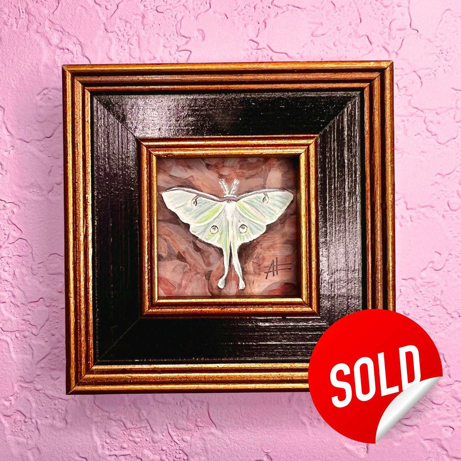 A luminous green Luna moth painting in a miniature square black frame against a purple wall, with a 'SOLD' sign.