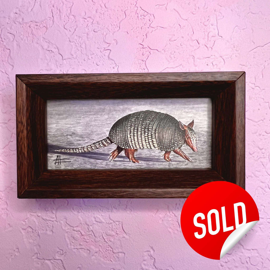 Scurrying armadillo painting in a dark wooden frame on a textured purple wall with a 'SOLD' sticker.