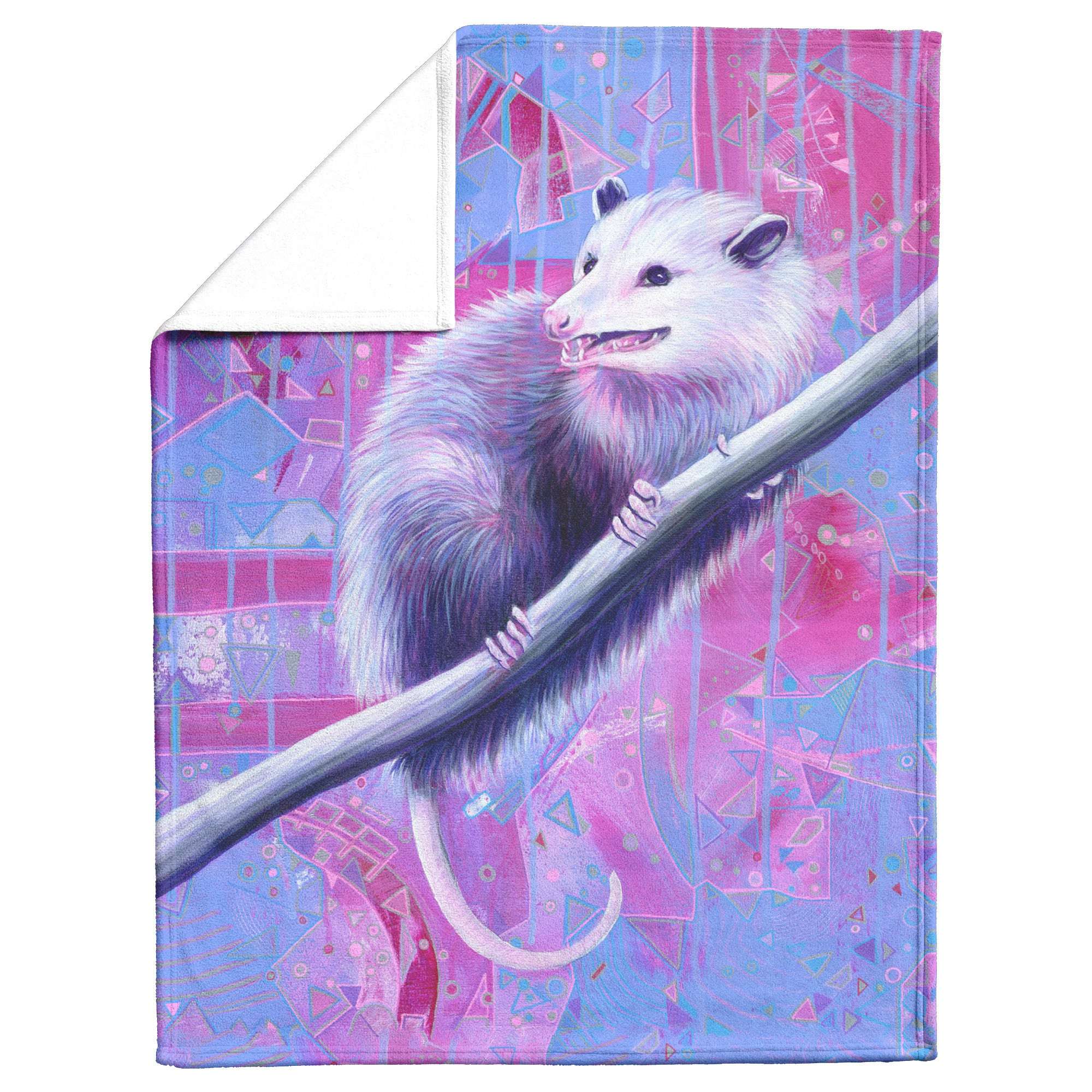 An Opossum Blanket featuring an animal climbing a diagonal branch, set against a vibrant pink and blue abstract geometric background on a notebook cover.