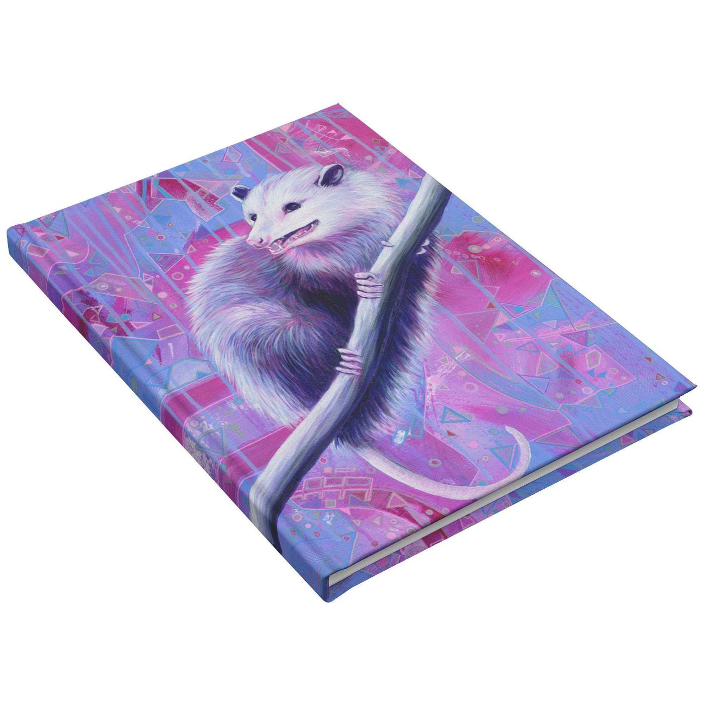 A colorful Opossum Journal cover featuring a whimsical illustration of a possum perched on a branch against a vibrant, geometric background.