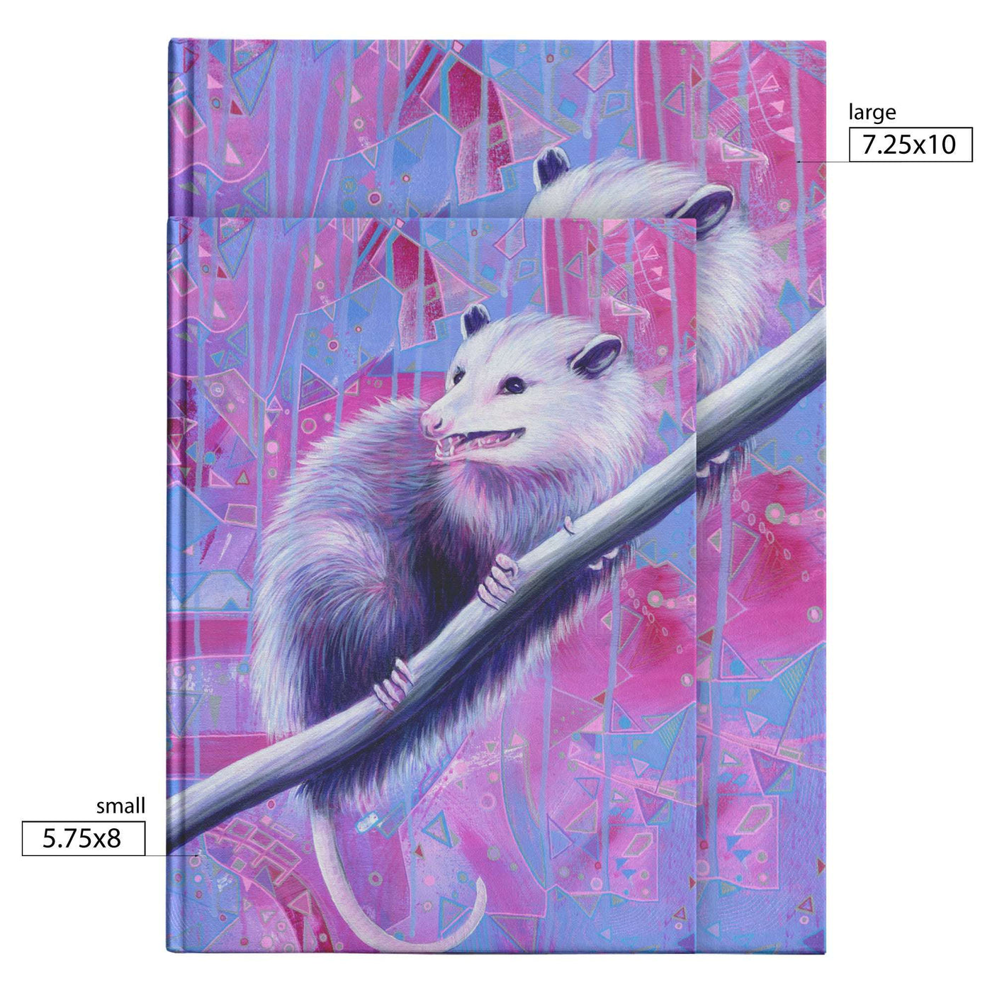 Various sizes of Opossum Journal are displayed, featuring a white opossum climbing a wooden branch against a colorful abstract geometric background, with size labels for the "small" and "large" versions.