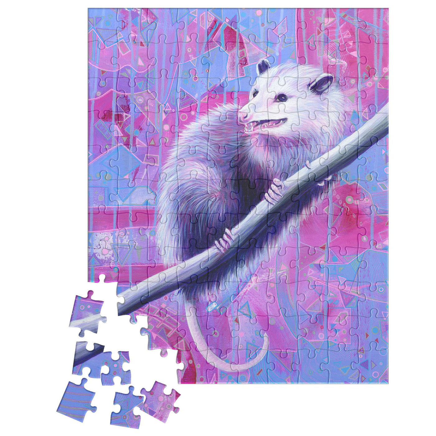 A colorful Opossum Puzzle depicting a white possum on a branch with several pieces detached, on a pink and blue background.
