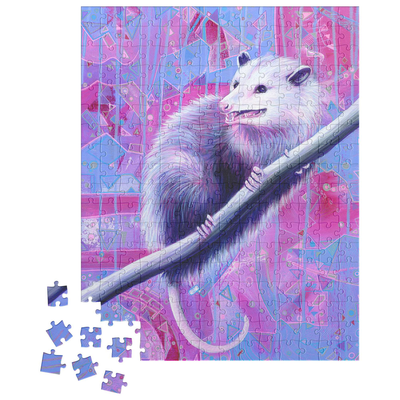 An Opossum jigsaw Puzzle featuring a white possum on a branch, partially assembled with loose pieces scattered nearby.