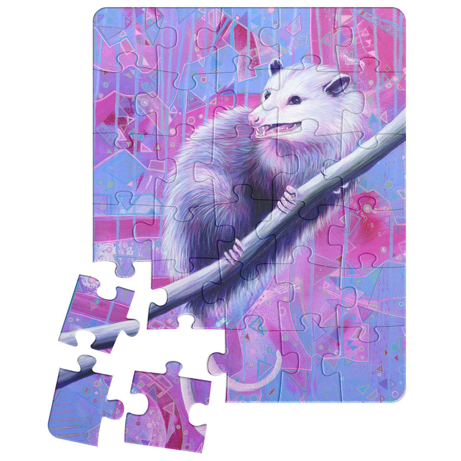 Partially completed jigsaw puzzle of a white opossum holding a branch on a vibrant pink and purple geometric background, with some puzzle pieces detached.