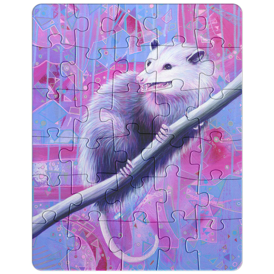 Jigsaw puzzle featuring an illustrated Opossum climbing a twig, set against a colorful abstract background.