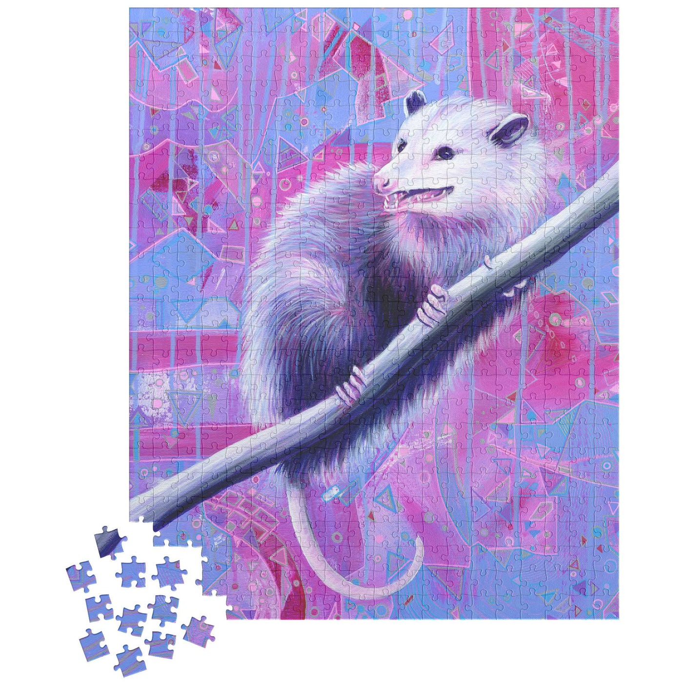 A white Opossum Puzzle showcasing an opossum with detailed fur texture, clinging to a narrow branch against a vibrant pink and blue geometric background, with puzzle pieces scattered in the corner.