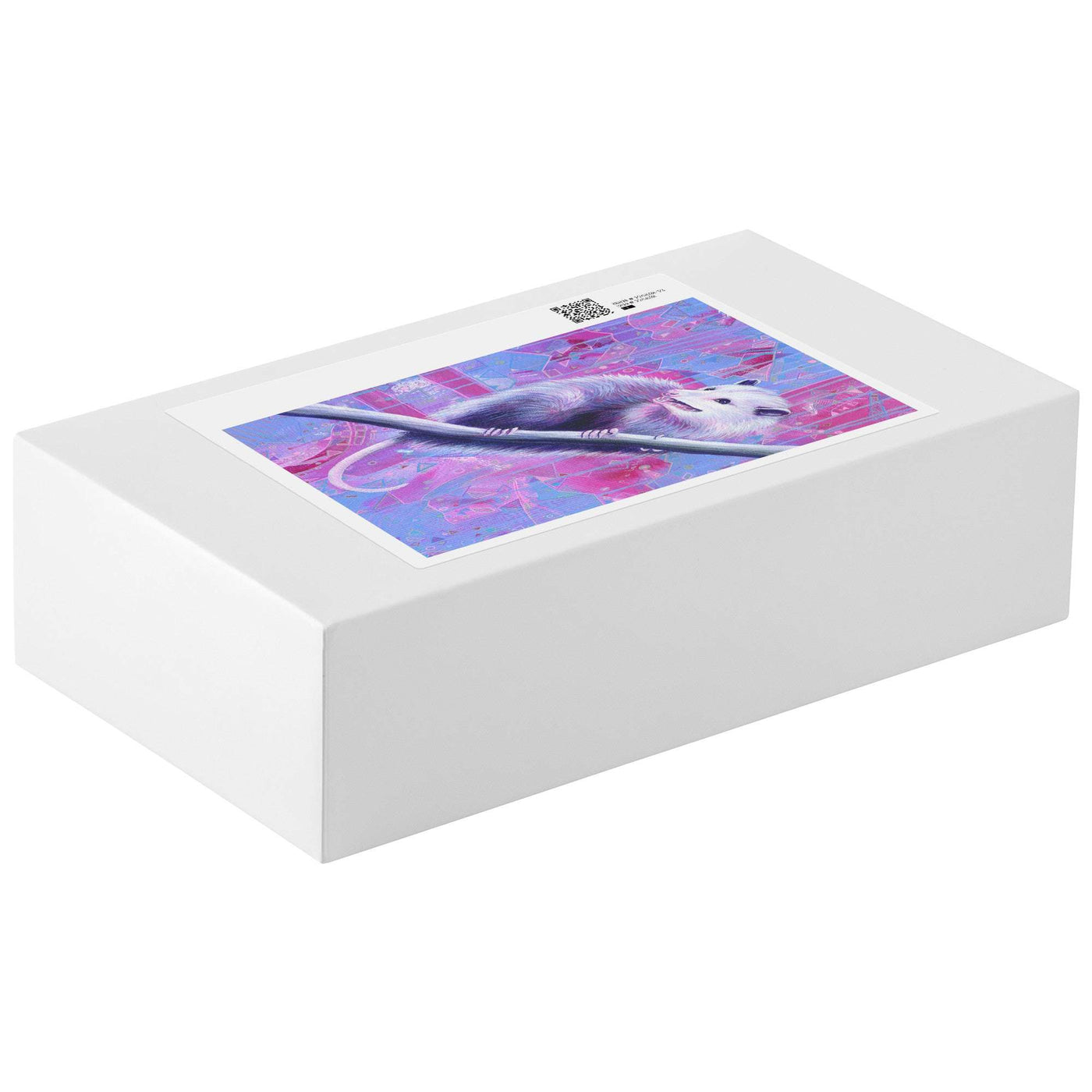 White Opossum Puzzle box with a colorful abstract design on the label, featuring a opossum with a background of swirls in shades of pink and purple.