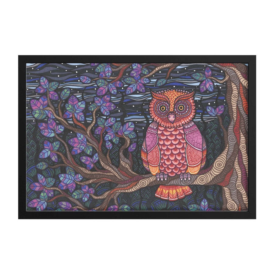 Colorful Owl Tree Framed Print featuring an owl perched on a tree branch surrounded by swirling patterns and leaves, framed in black.
