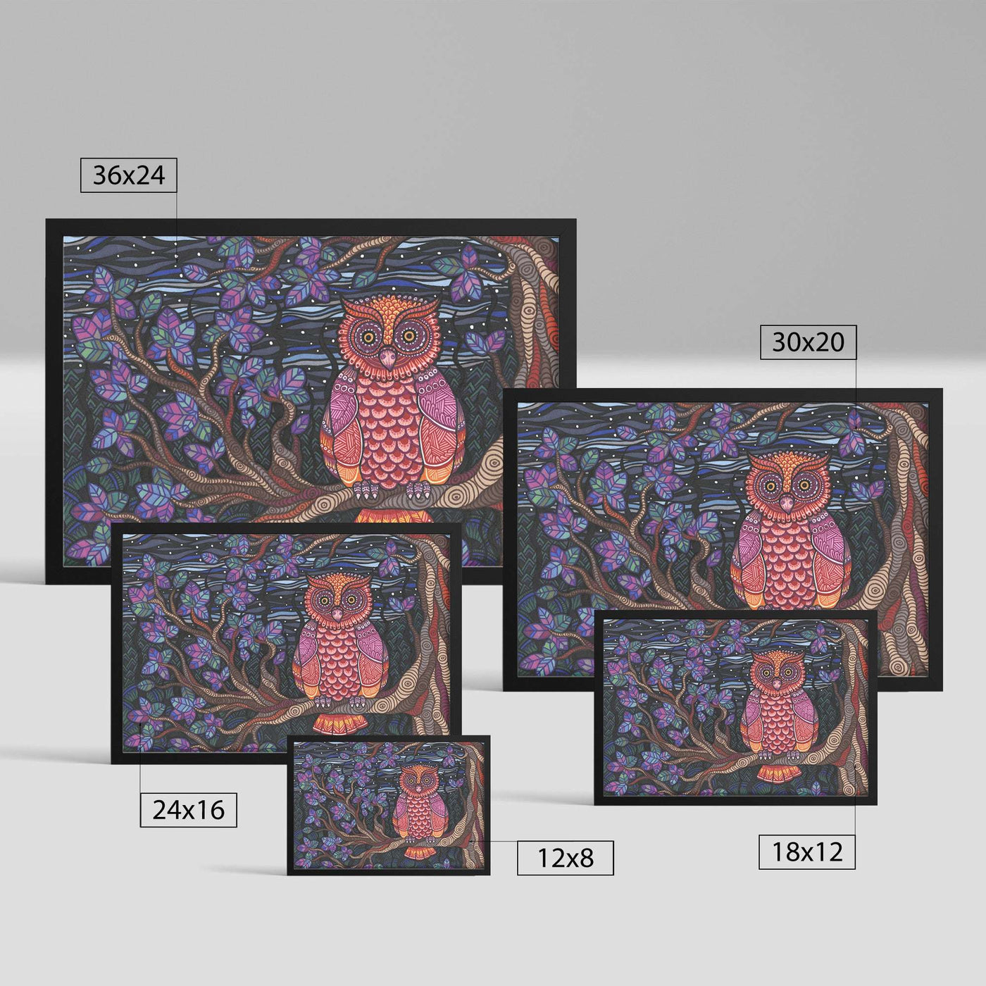 A set of six Owl Tree Framed Prints featuring an illustrated pink owl perched on a branch, surrounded by blue night foliage, displayed in various sizes.