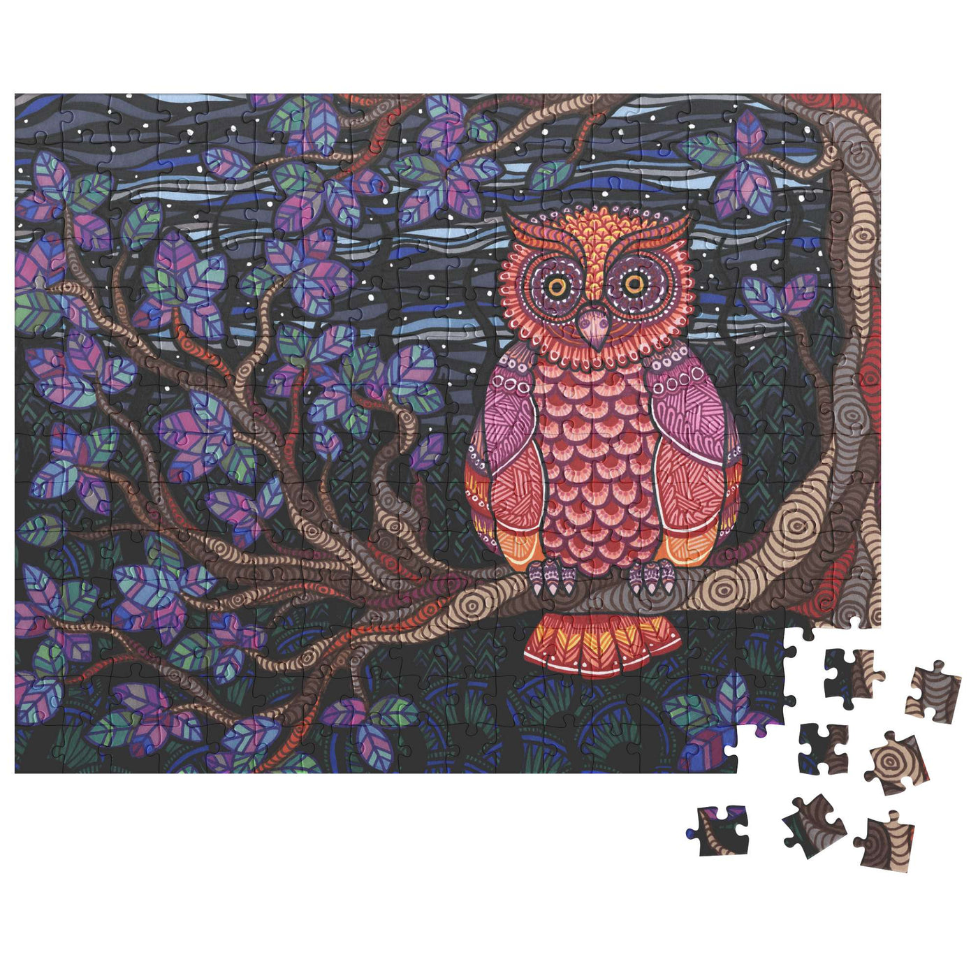 Colorful illustrated Owl Tree Puzzle with an owl perched on a branch at night, with intricate patterns and pieces partially assembled at the bottom right.