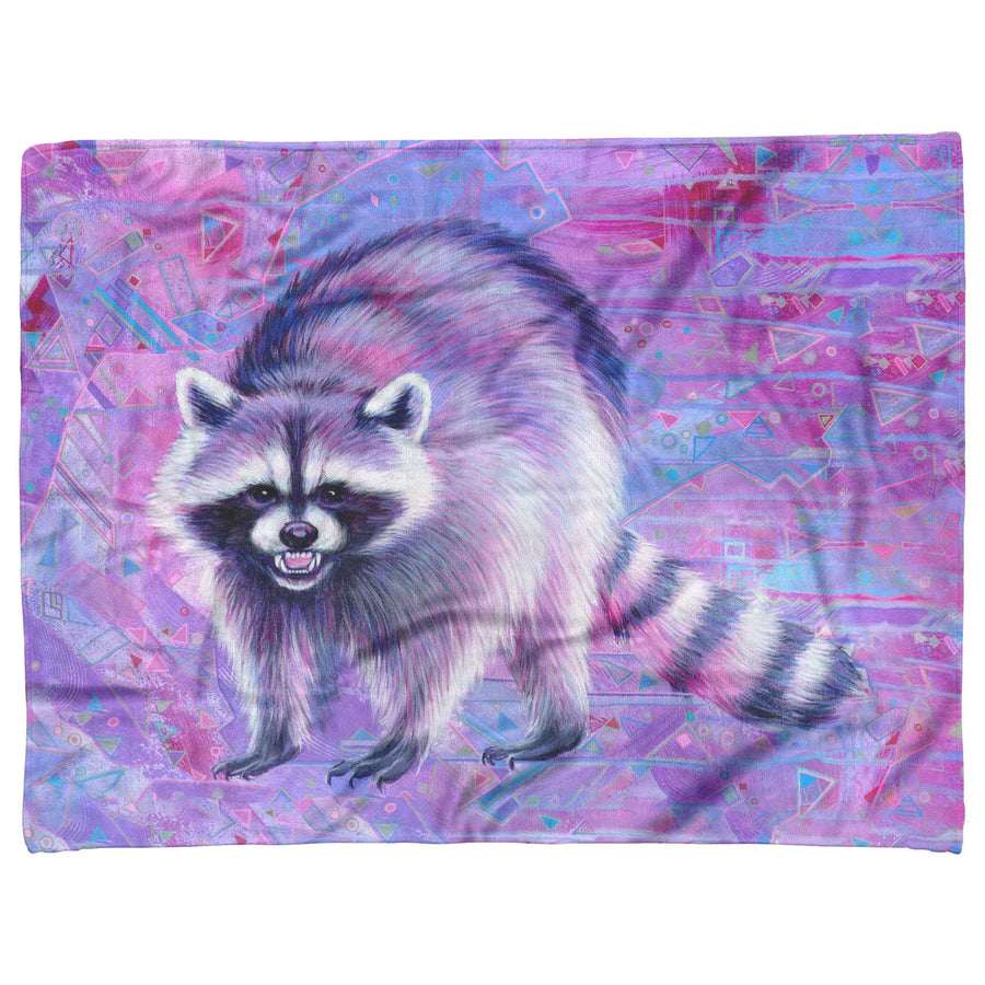 Raccoon Blanket featuring a vibrant illustration of a raccoon on a purple and pink abstract geometric background.