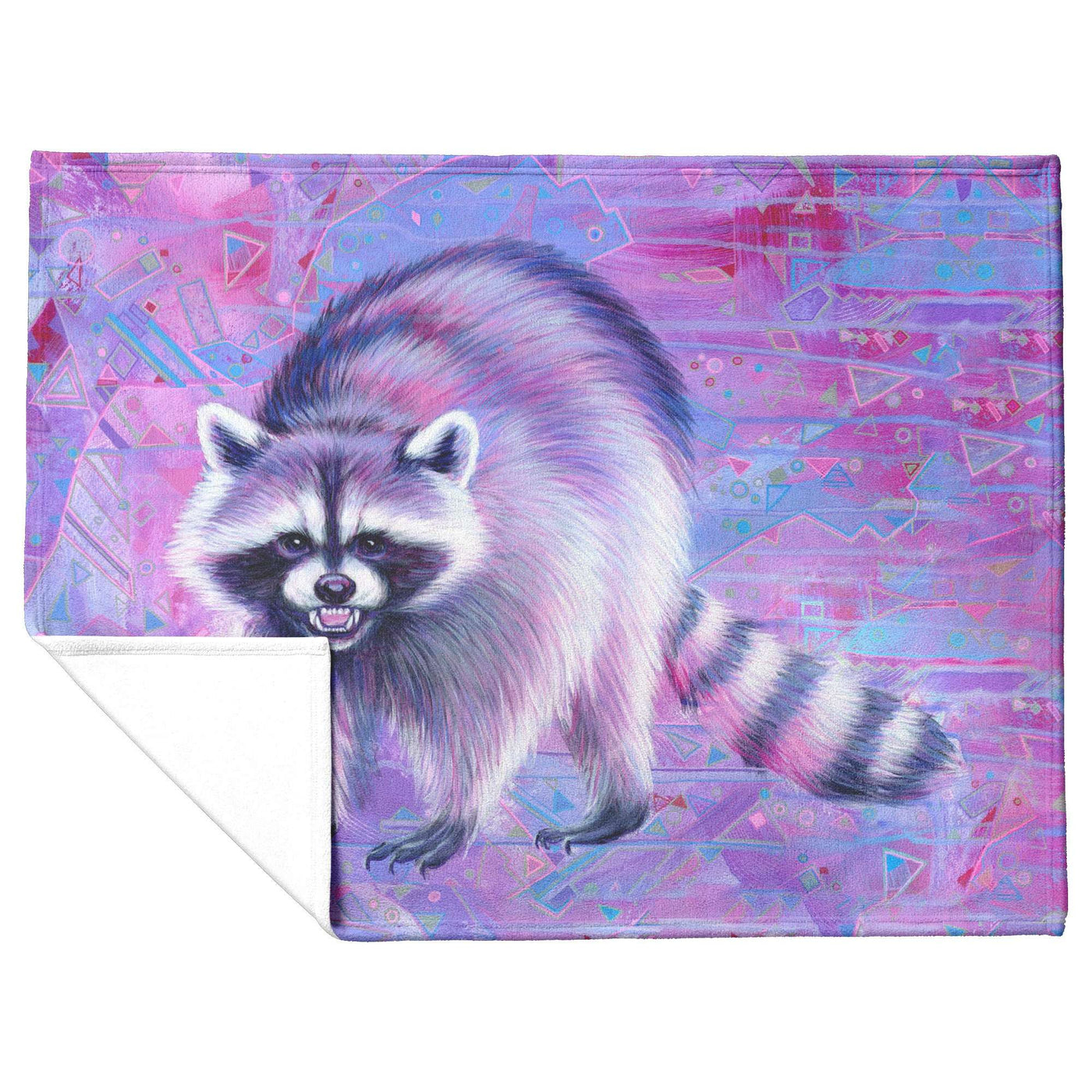 A vibrant Raccoon Blanket featuring a colorful illustration of a raccoon on a geometric patterned background in shades of pink and purple.