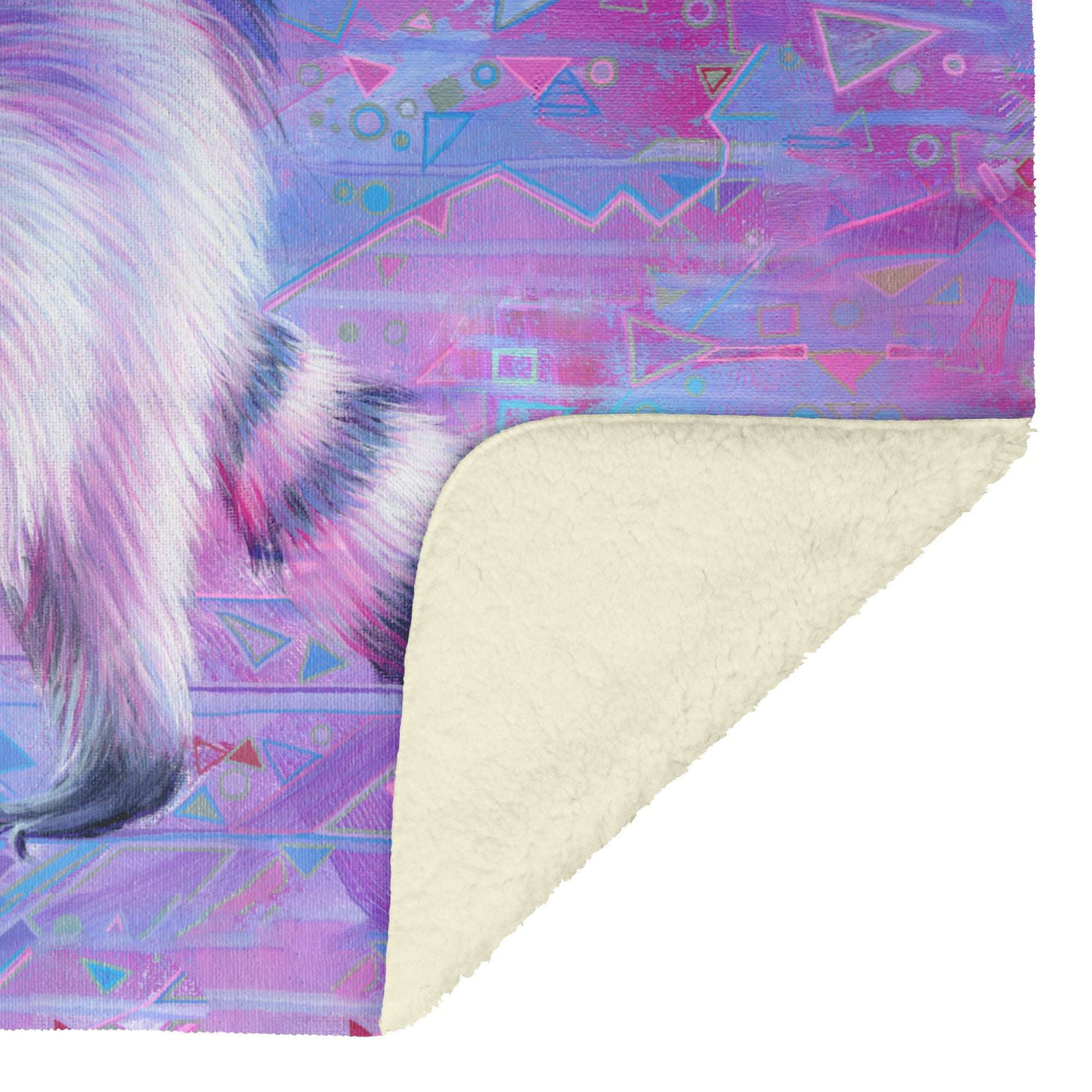 Raccoon Blanket with purple and pink tones and a soft white lining, folded partially to reveal fleece texture
