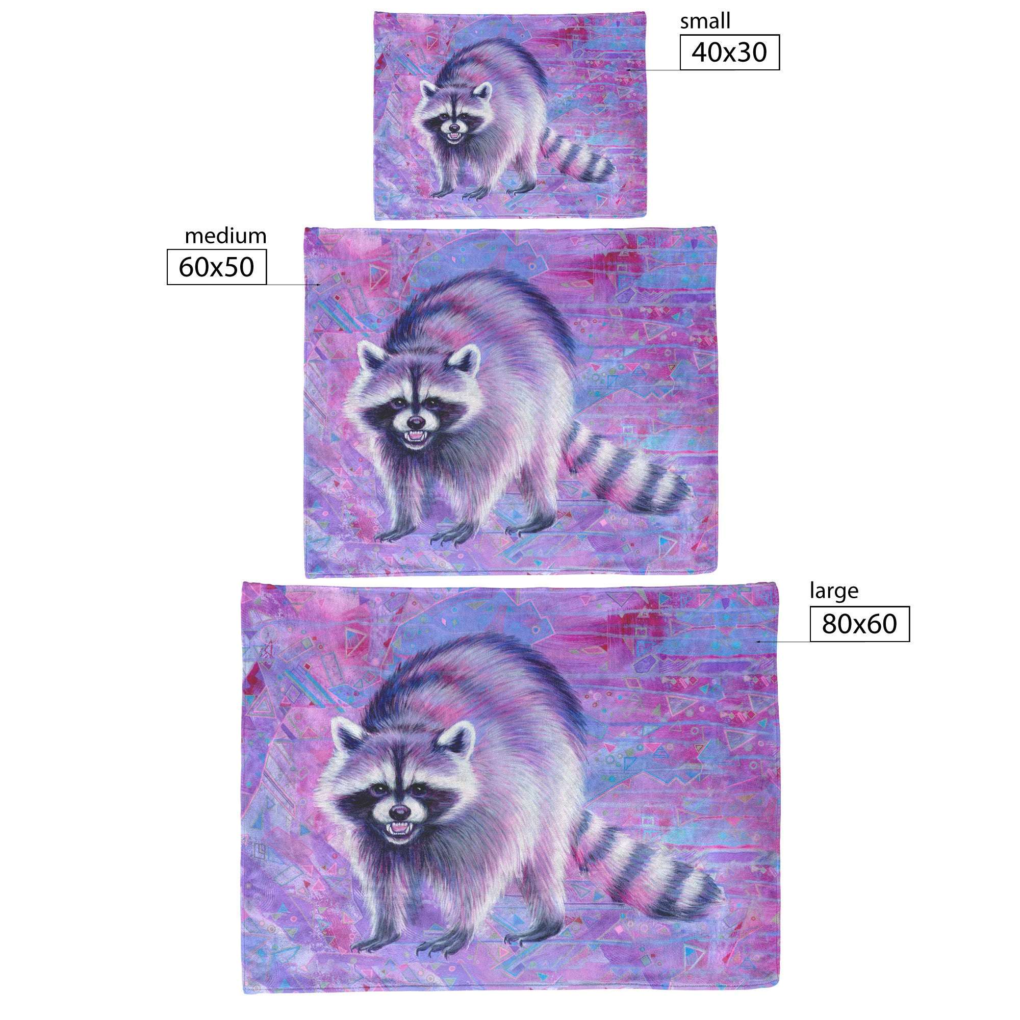 Three Raccoon Blankets with different sizes: small (40x30), medium (60x50), and large (80x60).