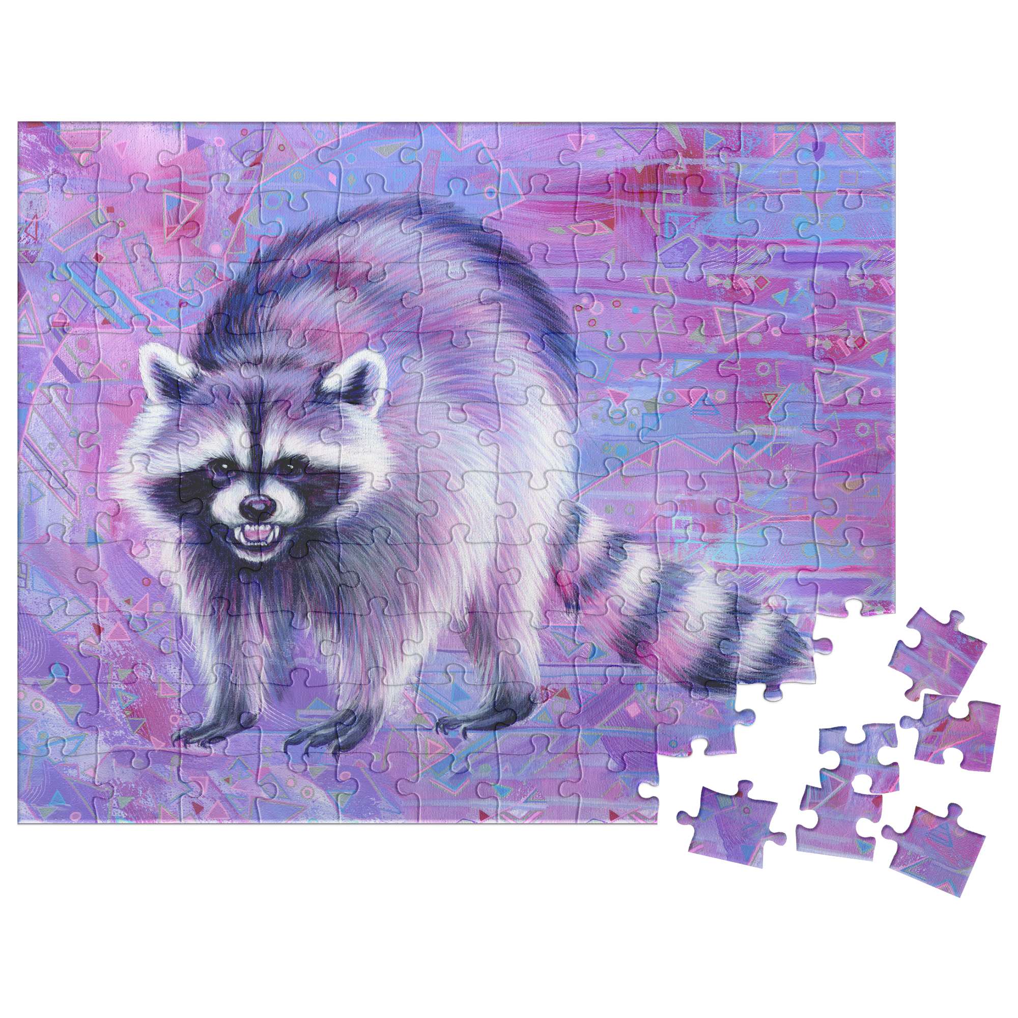 A nearly completed Raccoon Puzzle, with a few pieces detached, set against a vibrant purple background.