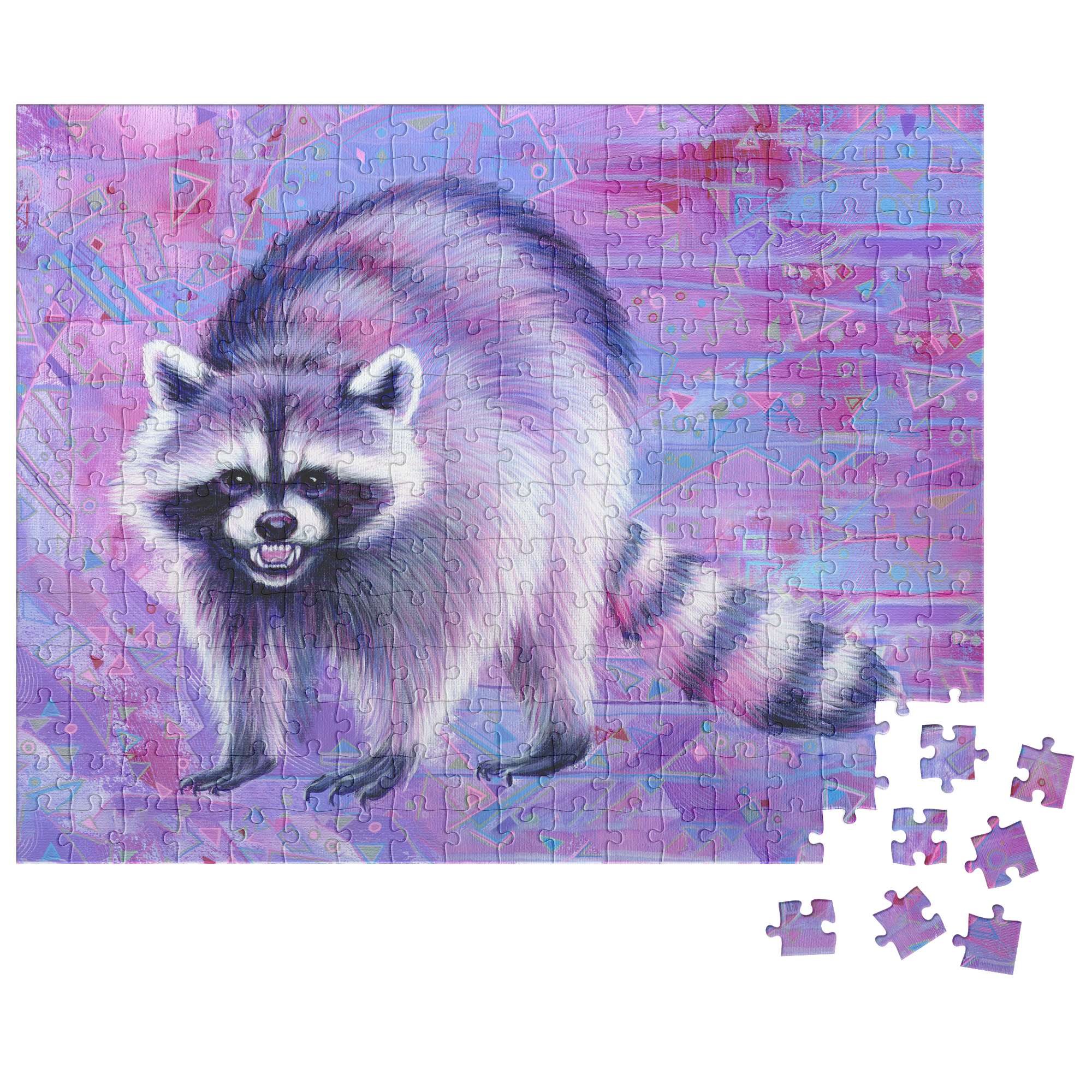A Raccoon Puzzle, mostly completed, with a few pieces detached on the side.