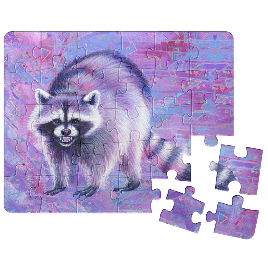 A Raccoon Puzzle depicting a raccoon on a purple background, partially assembled with several pieces detached.