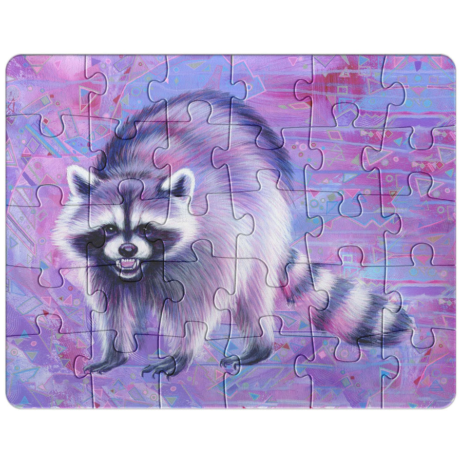 Raccoon Puzzle featuring a colorful illustration of a raccoon on a patterned purple background.