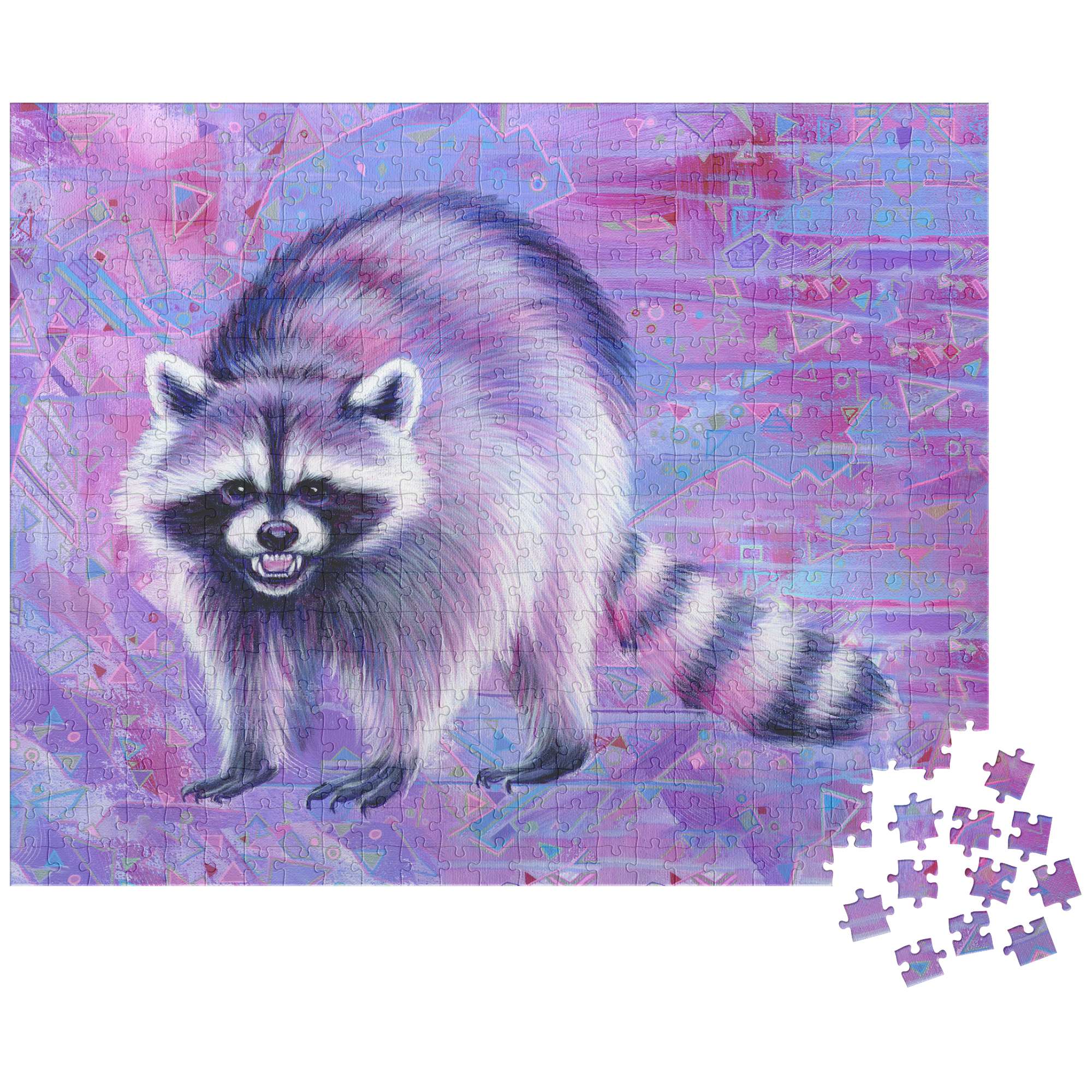 A nearly complete Raccoon Puzzle depicting a raccoon on a purple geometric background, with a few pieces still detached to the side.