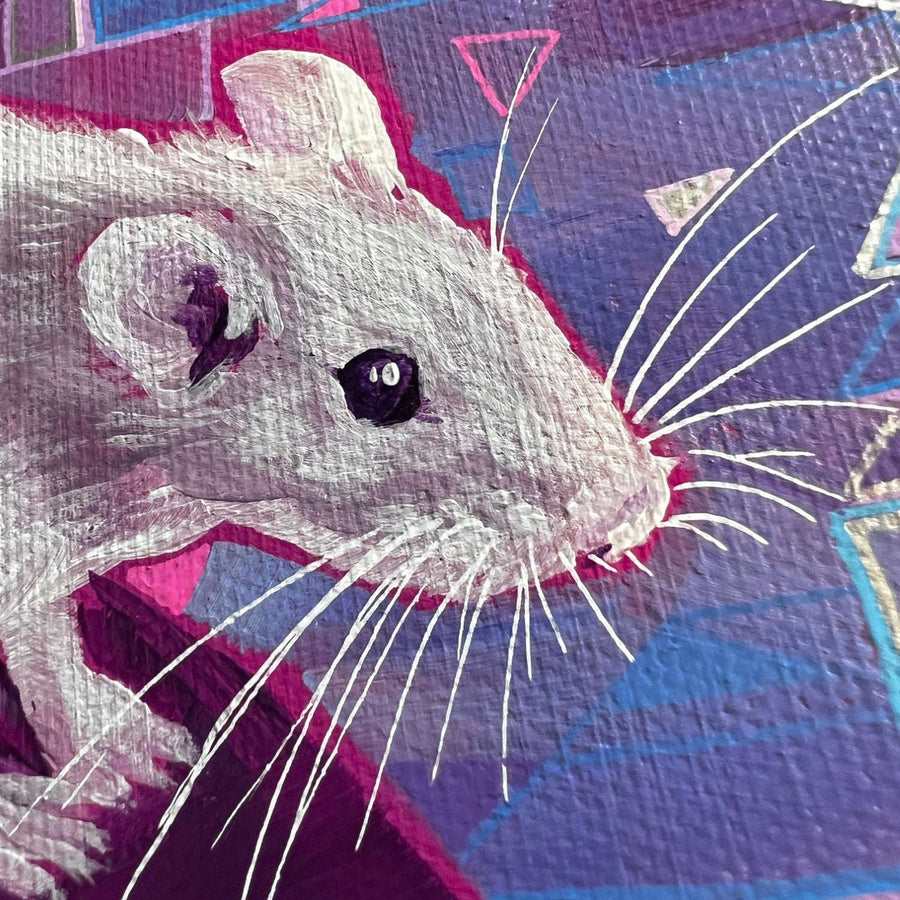Close-up of an original canvas artwork depicting a white rat with detailed whiskers and a shining eye, set against a textured background with geometric shapes in shades of purple and blue.